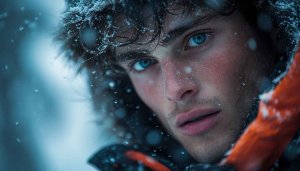 Winter Wallpaper: Man with Blue Eyes in Snowfall 4K