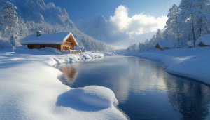 Winter Landscape Wallpaper: Snowy Cabin, River and Mountains