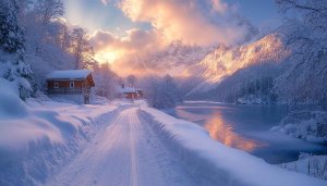 Winter Wallpaper: Snowy Landscape, Mountain Lake, Cabin - Scenic Beauty