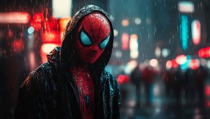 Spiderman Wallpaper: Hooded Superhero in Rainy City Ambiance 4K