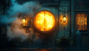 Steampunk Wallpaper: Industrial Interior with Light and Steam Aesthetic