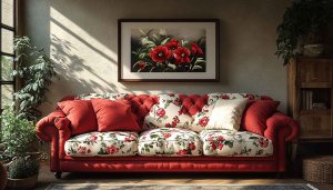 Elegant Living Room Wallpaper: Red Sofa, Floral Design, Interior Decor