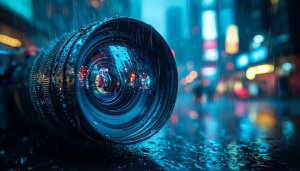 Rainy Cityscape Camera Lens Reflection HD Wallpaper for Desktop