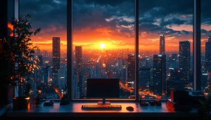 Office City Sunset Wallpaper, Desktop Wallpaper, 4K Wallpaper, Sunset Cityscape