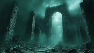 Dark Fantasy Ruins Wallpaper: Mystical Architecture, Gothic Ruins Background