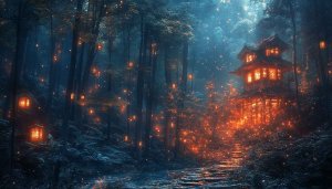 Enchanted Forest Wallpaper, Fantasy Landscape Wallpaper, Pagoda Forest Wallpaper