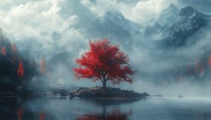 Red Tree wallpaper: Autumn, Mountains, Fog, 4K, Desktop Background
