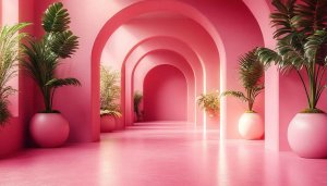 Pink Aesthetic Wallpaper: Archway Hallway and Plants - Desktop Background