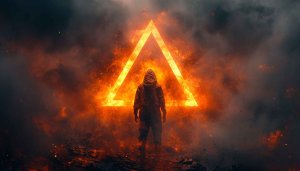 Fantasy Fire Wallpaper: Hooded Figure with Triangle, 4k Wallpaper