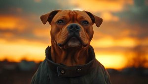 Dog Wallpaper: Staffordshire Terrier in Jacket at Sunset - 4K