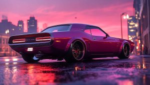 Dodge Challenger Wallpaper: Retro Car Aesthetic, Purple Sky, Cityscape