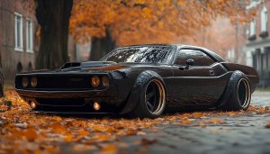 Dodge Challenger Wallpaper: Black Muscle Car in Autumn Leaves