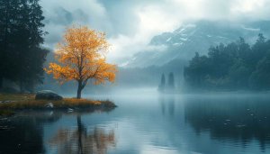 Autumn Lake Landscape Wallpaper - Mountain, Fog, Tree Photography