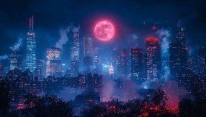 Pink Moon Over Cityscape Wallpaper, Night City Aesthetic, 4k