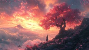 Cherry Blossom Wallpaper: Pink Tree, Sunset Sky, Aesthetic Scenery, 4k