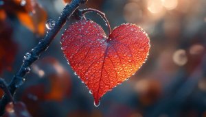 Heart Leaf Wallpaper: Red Leaf with Dew Drops for Desktop
