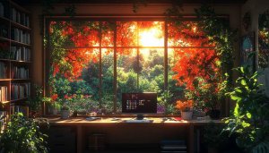 Cozy Room Wallpaper: Nature View, Desk Setup, Indoor Plants, Sunlight