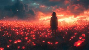Fantasy Landscape Wallpaper: Woman in Red Flower Field at Sunset
