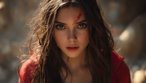 Warrior Woman Wallpaper: Intense Gaze, Battle-Scarred, 4k Wallpaper