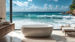 Ocean View Bathroom Wallpaper, Beach Scenery, Sea Waves Image