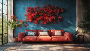 Interior Design Wallpaper: Red Bougainvillea on Blue Wall 4K