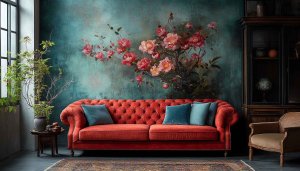 Vintage Floral Wallpaper: Red Sofa, Turquoise Wall - Aesthetic Interior