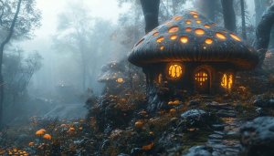 Mushroom House Wallpaper: Forest Fantasy Home, Dreamy Scenery Art