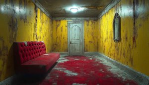 Horror Room Wallpaper, Creepy Yellow Room 4K, Red Couch Image