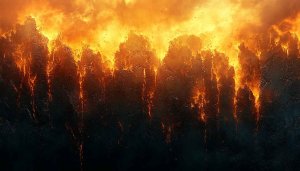 Inferno Landscape Wallpaper: Fiery Scenery, Lava Flow, Dark Theme