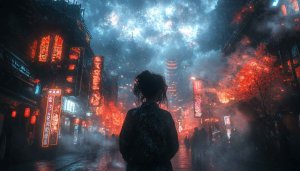 Cyberpunk City Wallpaper, Futuristic Asian Street Scene, Woman Silhouette