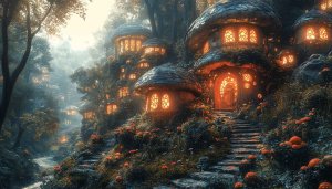 Mushroom House Wallpaper: Fantasy Forest, Enchanted Village, Nature Scene