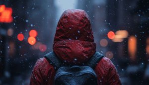 Snow Wallpaper: Red Coat in Snowy City Street 4k Wallpaper