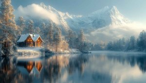 Winter Cabin Wallpaper: Snow Mountain and Lake Scenic Wallpaper