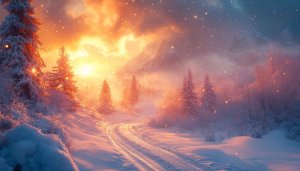 Winter Scenery Wallpaper: Snow, Trees, Mountain, Path, Sunset View