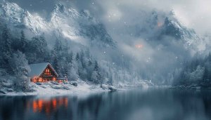 Winter Cabin Wallpaper: Snowy Mountain Lake House in 4k