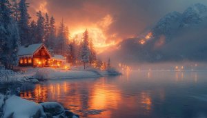 Winter Cabin Wallpaper: Snowy Lake House Scenery, 4k Landscape