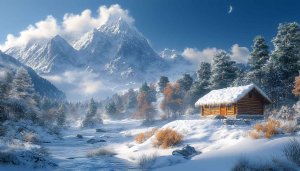 Winter Cabin Wallpaper, Snowy Mountain Scenery, Holiday Season