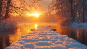 Winter Sunrise Lake Wallpaper, Snowy Landscape Wallpaper, Nature Wallpaper