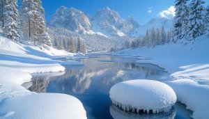 Winter Landscape Wallpaper: Snowy Mountain and Lake Scenery for Desktop