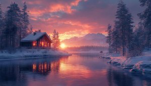 Winter Cabin Sunset Wallpaper, Snowy Landscape, 4k Nature Backgrounds