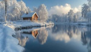 Winter Cabin Wallpaper: Snowy Lake Reflection for Desktop Background