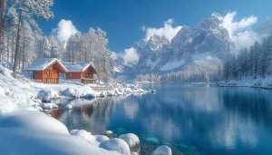 Winter Landscape Wallpaper: Lake, Mountain, Cabin, Snowy Scenery, 4K