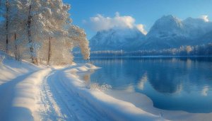 Winter Scenery Wallpaper: Snow-Covered Mountains, Lake, and Trees
