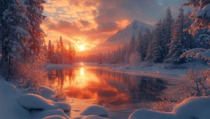 Winter Landscape Wallpaper: Snowy Mountains, Sunset River, 4K Desktop
