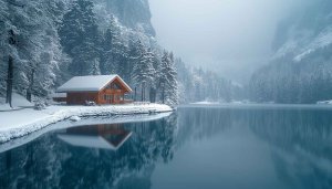 Winter Cabin Lake Wallpaper, Snowy Landscape Scenery for Desktop