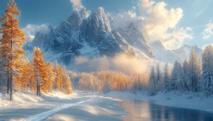 Winter Mountain Wallpaper: Snowy Peaks, Trees, and Frozen Lake 4k