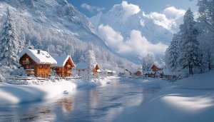 Winter Wallpaper: Snowy Mountains, Cabin, Lake, 4k Winter Landscape