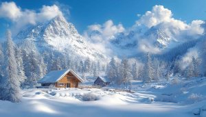 Winter Scenery Wallpaper: Snowy Mountains and Cozy Cabin Wallpaper