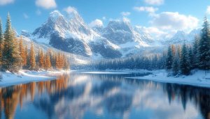 Snowy Mountains Lake Wallpaper, Winter Wonderland Scenery for Desktop