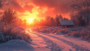 Winter Sunset Wallpaper: Snowy Cabin Landscape Background Images